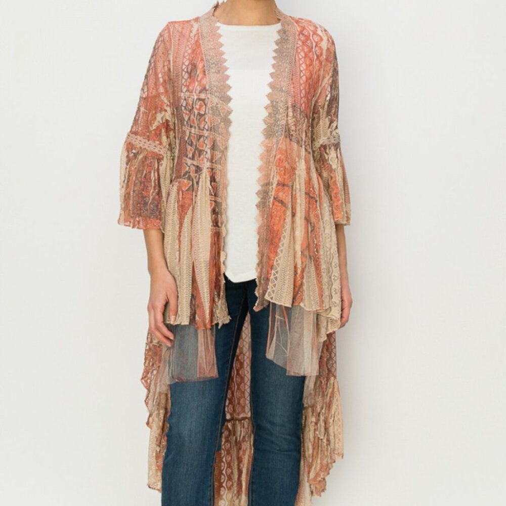 NEW ORIGAMI DESIGNER  FLORAL LACE orange SM-4X bohemian western duster cardigan